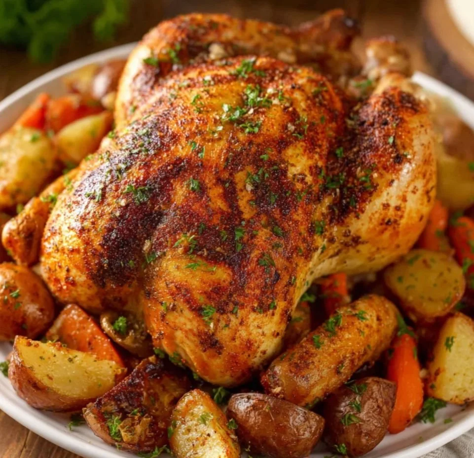 Perfectly roasted whole chicken with potatoes and carrots, golden and delicious.