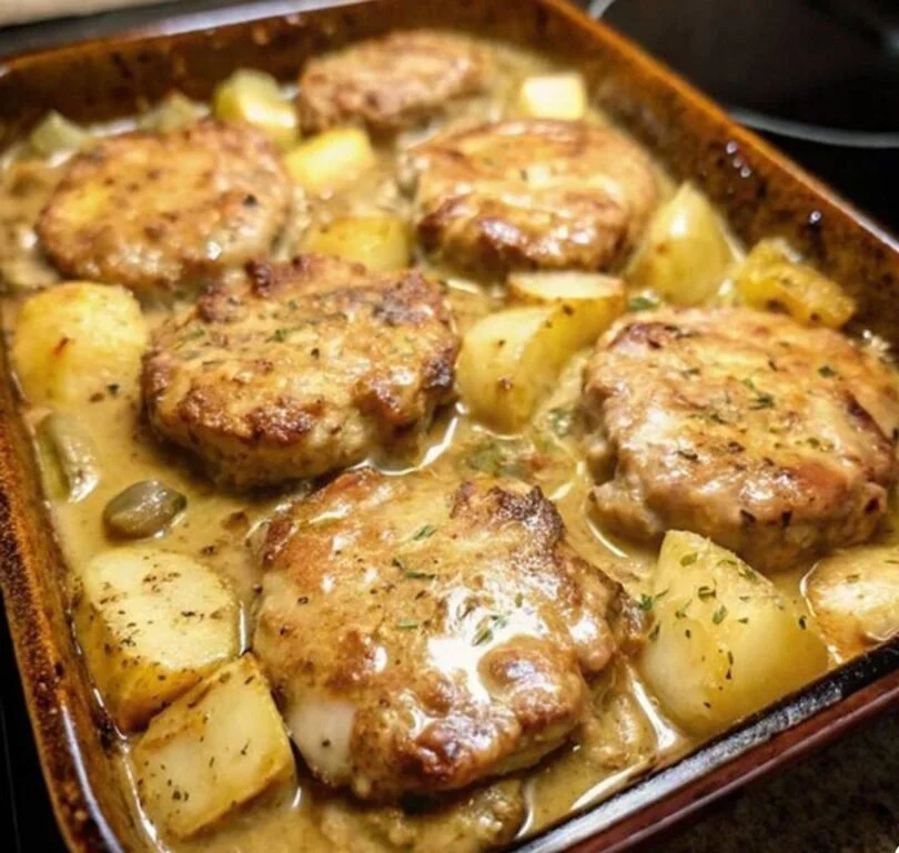 Delicious pork chops with potatoes and gravy on a plate