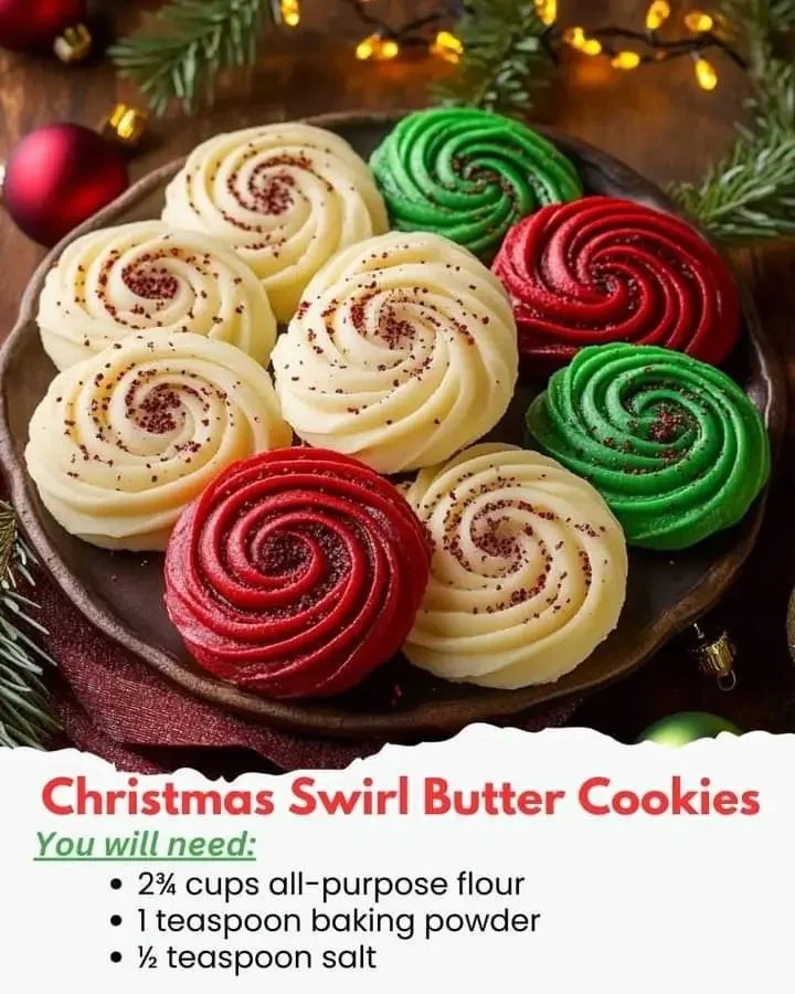 Swirled Christmas butter cookies on a festive plate