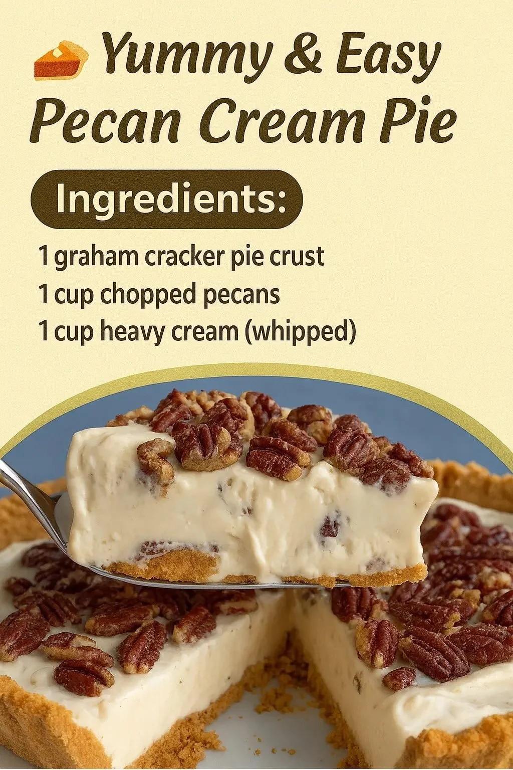 Delicious pecan cream pie served on a dessert plate with whipped cream