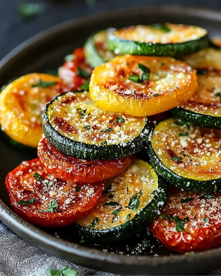 Crispy Roasted Zucchini, Squash & Tomatoes with Parmesan