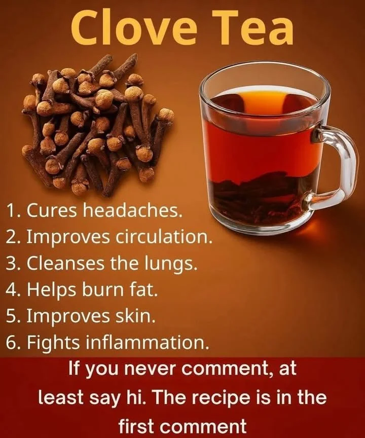 A cup of clove tea surrounded by cloves and health benefits illustrations