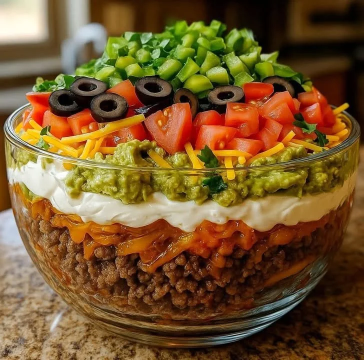 Delicious 7-layer taco dip served in a bowl with fresh ingredients