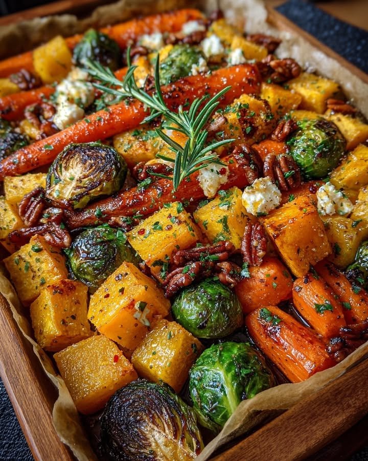 Caramelized Butternut Squash, Carrots, Brussels Sprouts & Sweet Potato with Feta, Pecans & a Hot Honey Drizzle