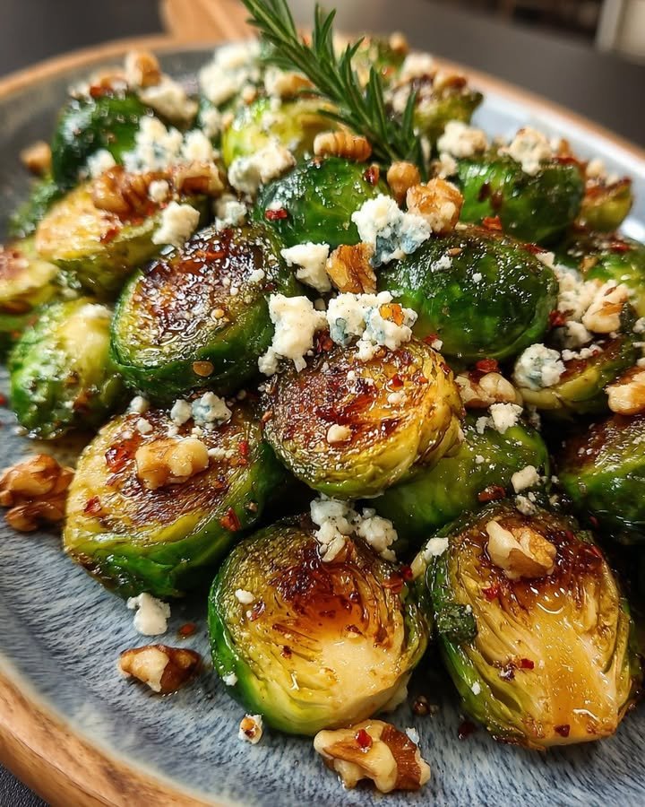Caramelized Brussels Sprouts with Feta, Walnuts & Hot Honey Drizzle