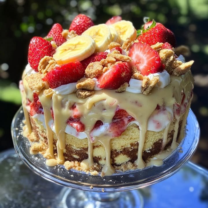 Strawberry Banana Pudding Cake with Banana Cream Icing