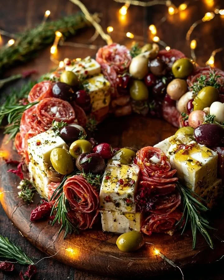 Delicious Antipasto Wreath with Hot Honey and Holiday Crunch displayed on a festive table.