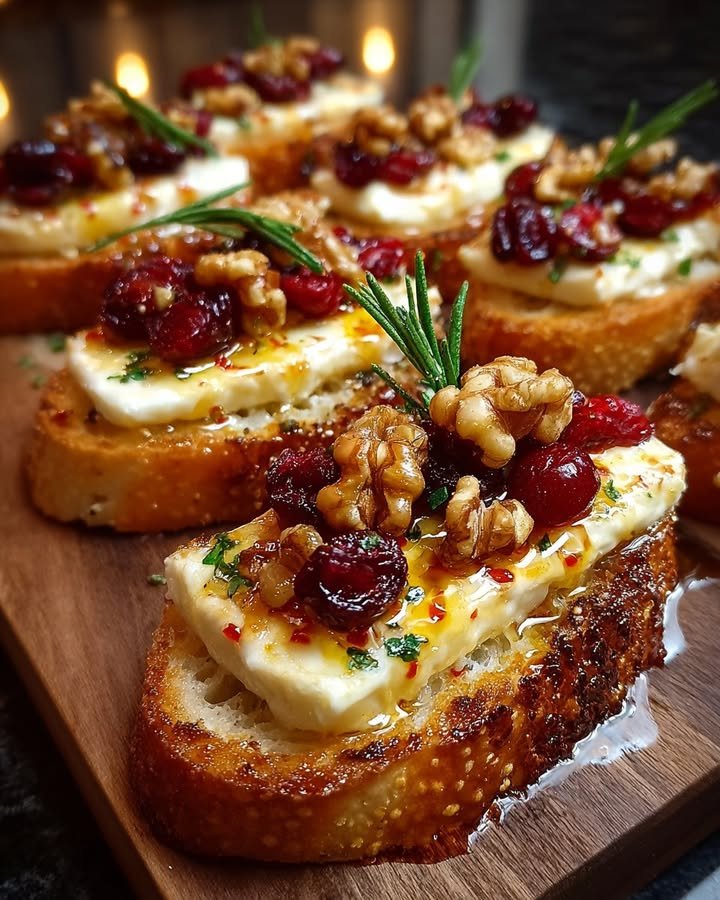Warm Brie & Cranberry Walnut Crostini with Hot Honey
