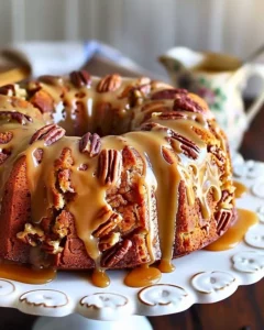 Slice of Apple Pecan Cake topped with caramel glaze and garnished with pecans