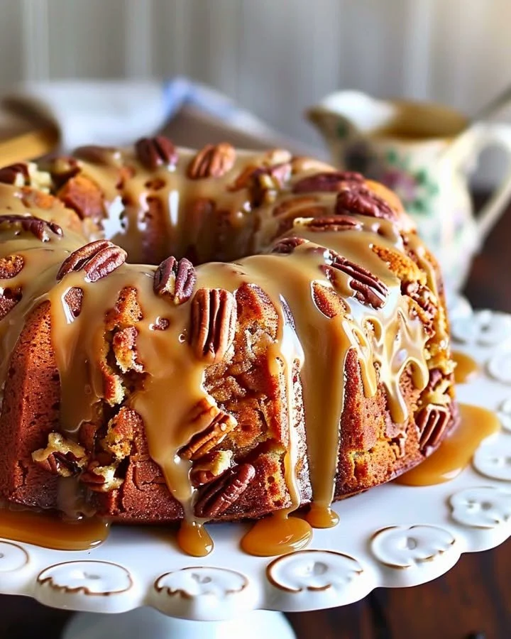 Slice of Apple Pecan Cake topped with caramel glaze and garnished with pecans