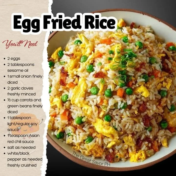 Delicious bowl of Asian fried rice with vegetables and eggs