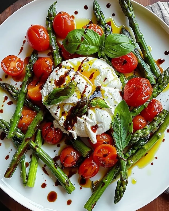 Asparagus Tomato Salad topped with burrata cheese on a white plate