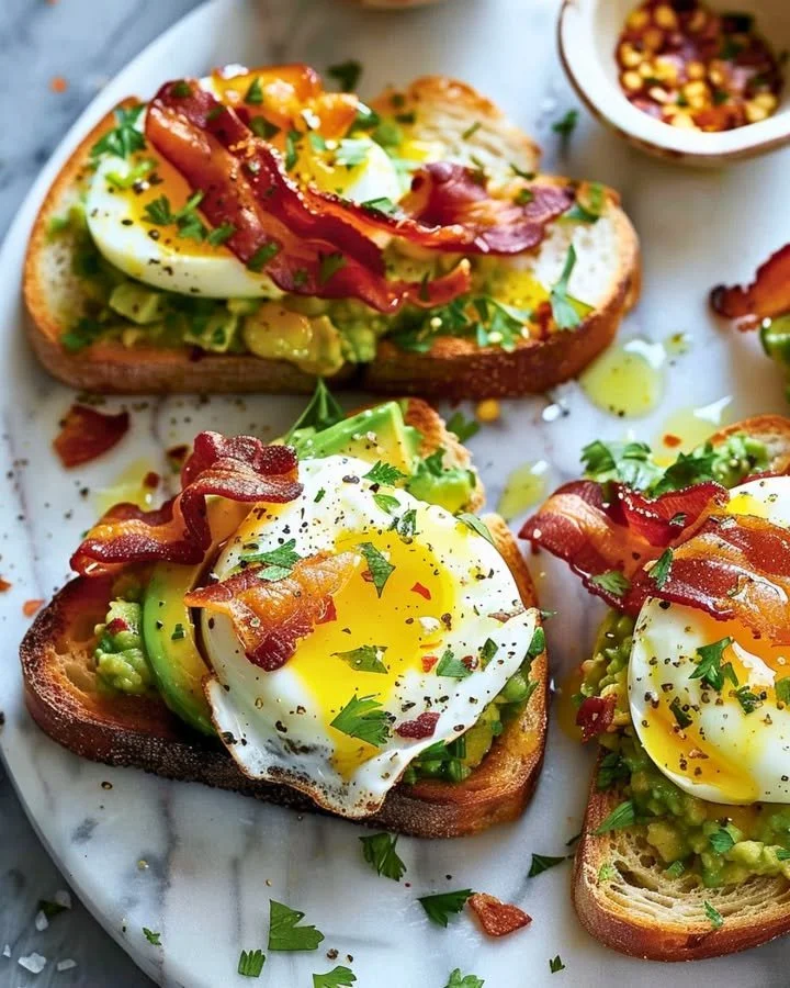 Avocado Bacon Egg Toasts on a plate, topped with fresh herbs and a sprinkle of pepper.