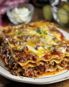 A delicious Bacon Cheeseburger Lasagna layered with pasta, cheese, and crispy bacon.