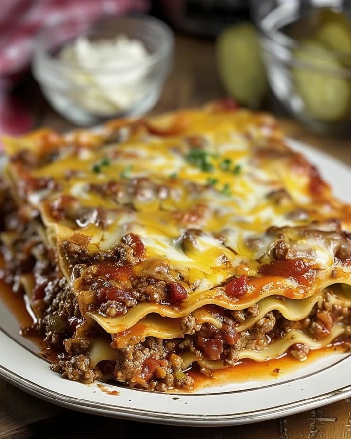 A delicious Bacon Cheeseburger Lasagna layered with pasta, cheese, and crispy bacon.