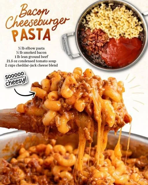 Bacon Cheeseburger Pasta served in a bowl topped with cheese and bacon bits