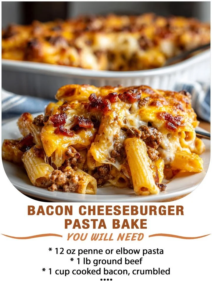 Delicious Bacon Cheeseburger Pasta Bake topped with melted cheese and crispy bacon