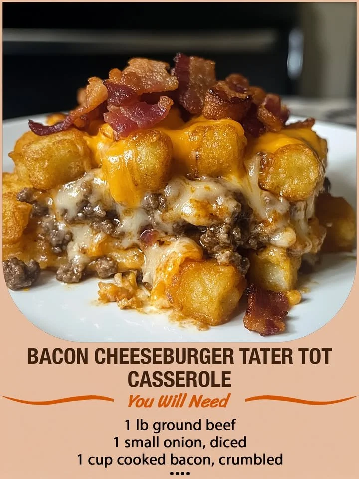 Delicious Bacon Cheeseburger Tater Tot Casserole topped with cheese and bacon