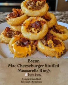 Bacon Mac Cheeseburger stuffed mozzarella rings on a plate