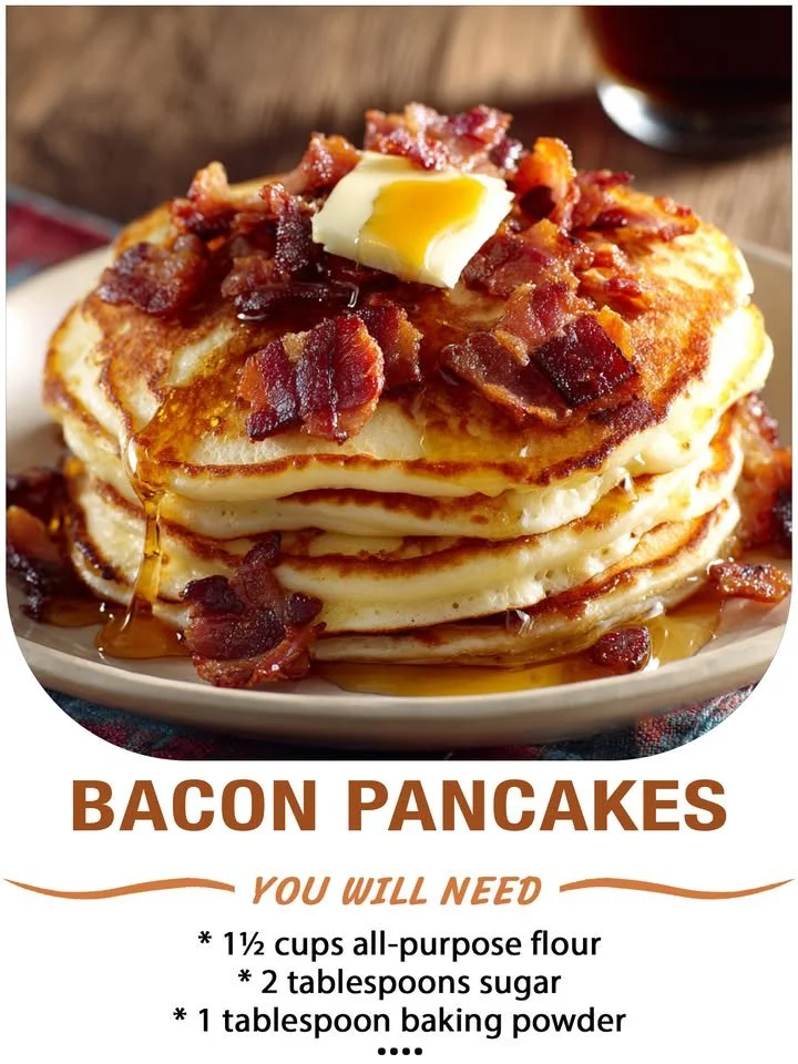 Delicious plate of bacon pancakes topped with syrup and fresh fruit