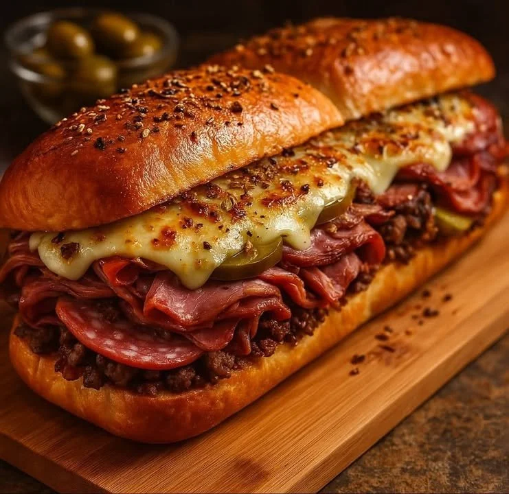 Baked Italian sub boats with melted cheese and fresh ingredients