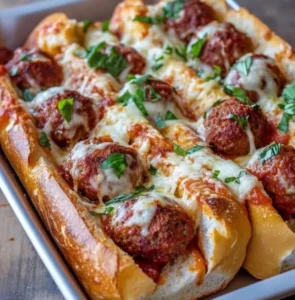 Baked meatball sub boats with cheese and fresh ingredients