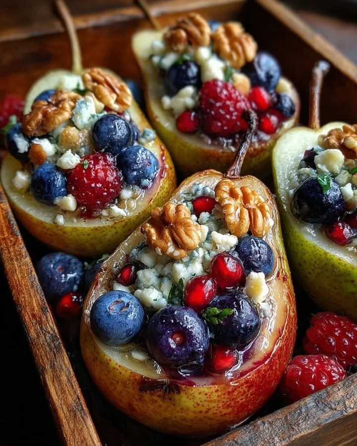 Baked pears with berries, honey, walnuts, and blue cheese served in a dish.