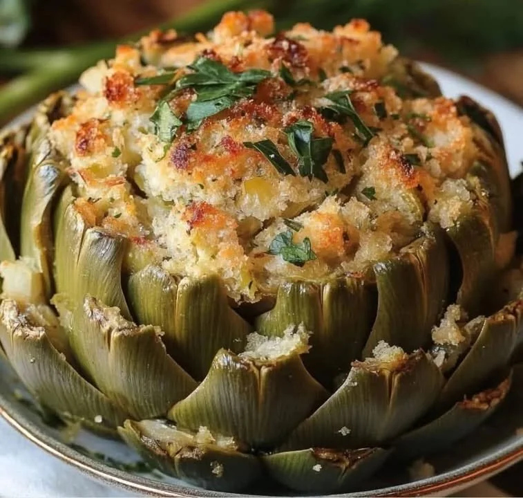 Baked stuffed artichoke topped with breadcrumbs and herbs in a serving dish