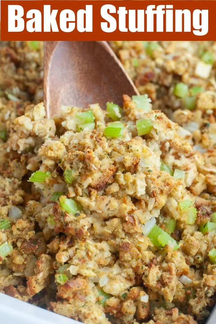 Delicious baked stuffing dish served in a rustic bowl