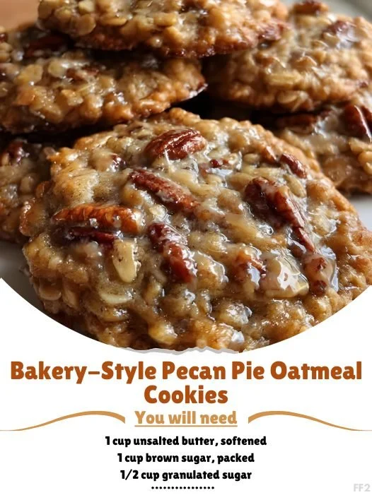 Bakery-style pecan pie oatmeal cookies on a plate with pecans and oats