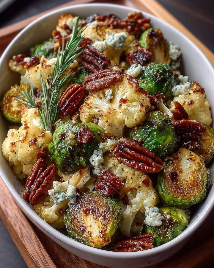 Balsamic roasted cauliflower and Brussels sprouts garnished with maple pecans