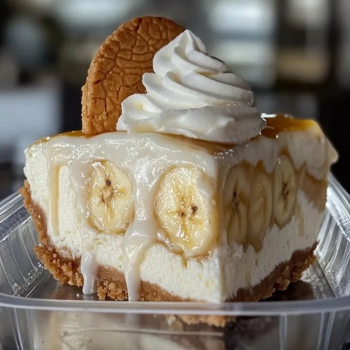 Delicious slice of banana pudding cheesecake topped with banana slices and whipped cream