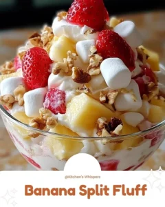 Delicious Banana Split Fluff dessert in a bowl with bananas and whipped cream