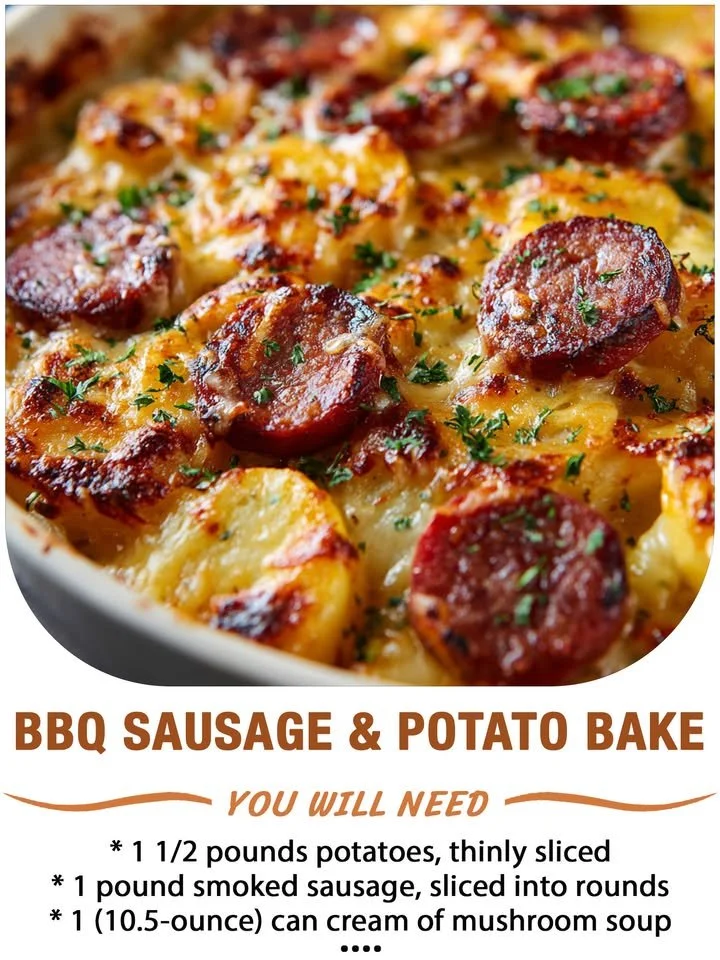 Delicious BBQ Sausage and Potato Bake served on a plate.
