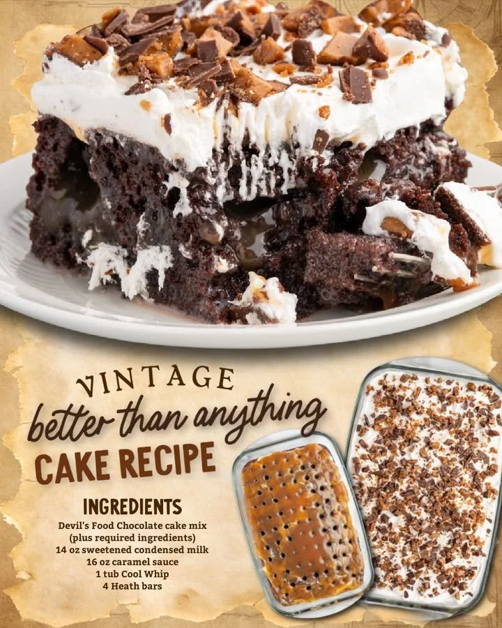 Slice of Better Than Anything Cake topped with caramel and chocolate