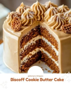 Delicious Biscoff Cookie Butter Cake topped with creamy frosting and cookie crumbs