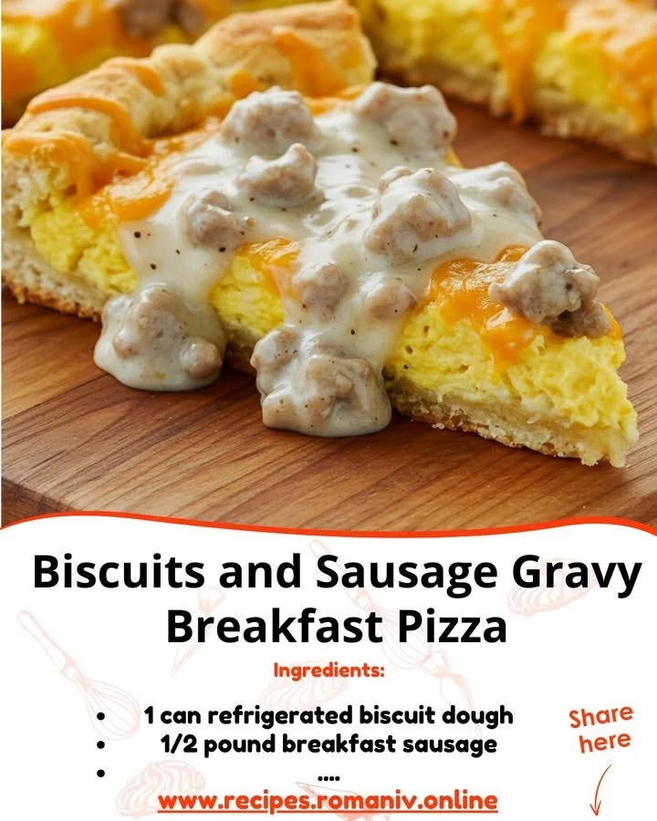 Delicious biscuits and sausage gravy breakfast pizza with toppings.