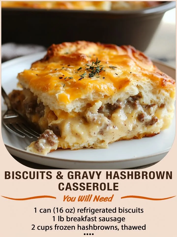 Biscuits and gravy hashbrown casserole topped with gravy and biscuits