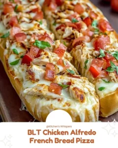 BLT Chicken Alfredo pizza on French bread topped with cheese and fresh ingredients