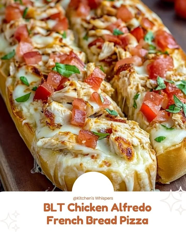 BLT Chicken Alfredo pizza on French bread topped with cheese and fresh ingredients