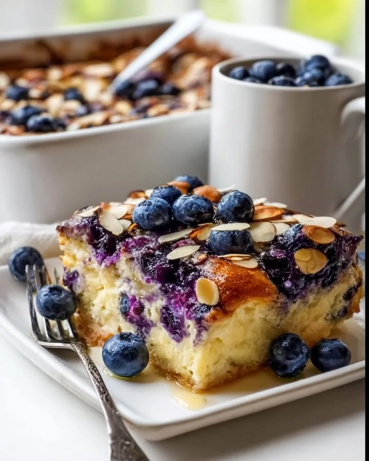 Blueberry Almond Cottage Cheese Breakfast Bake in a baking dish