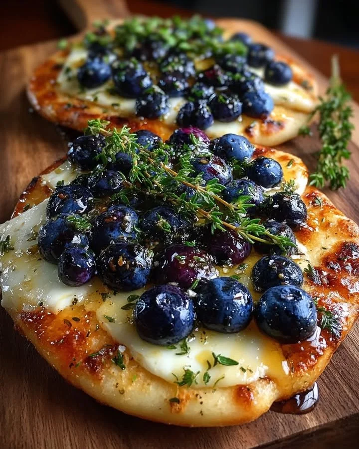 Blueberry flatbread topped with brie cheese, thyme, and honey glaze