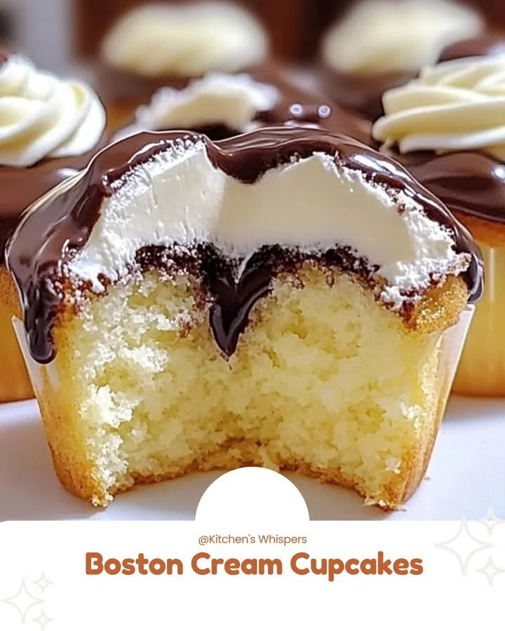 Delicious Boston Cream Cupcakes topped with chocolate and filled with creamy custard
