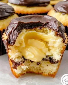 Delicious Boston Cream Cupcakes topped with chocolate and filled with custard