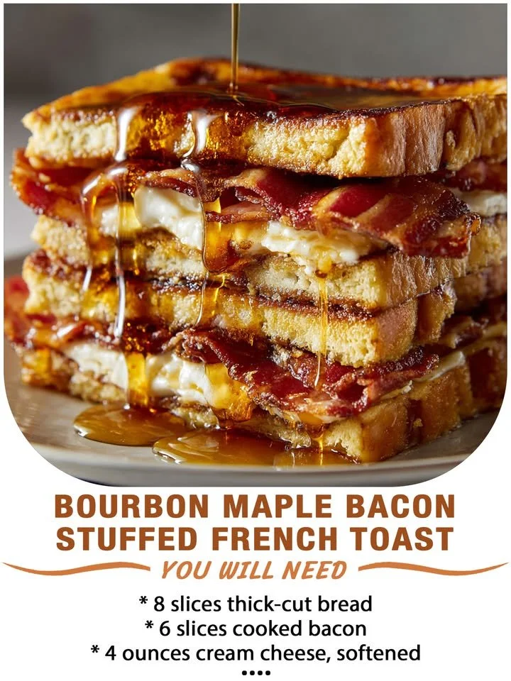 Delicious Bourbon Maple Bacon Stuffed French Toast topped with syrup and bacon