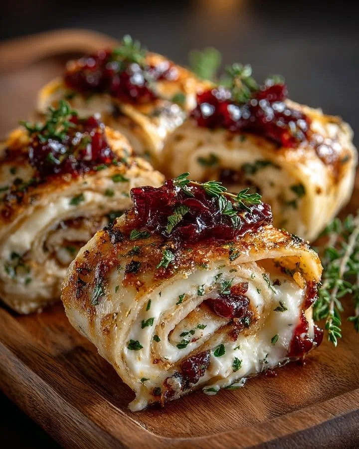 Brie and cranberry stuffed flatbread pinwheels on a wooden surface