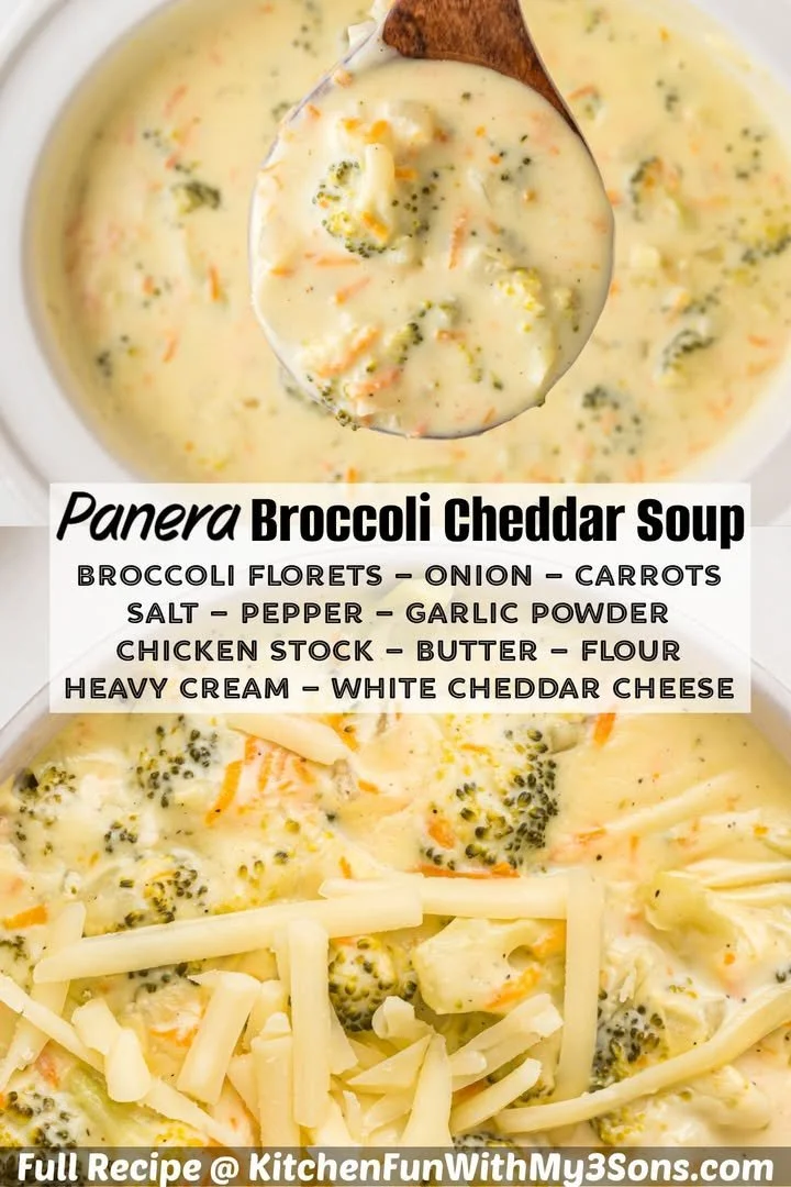 Delicious broccoli cheddar soup in a bowl, inspired by Panera's recipe.