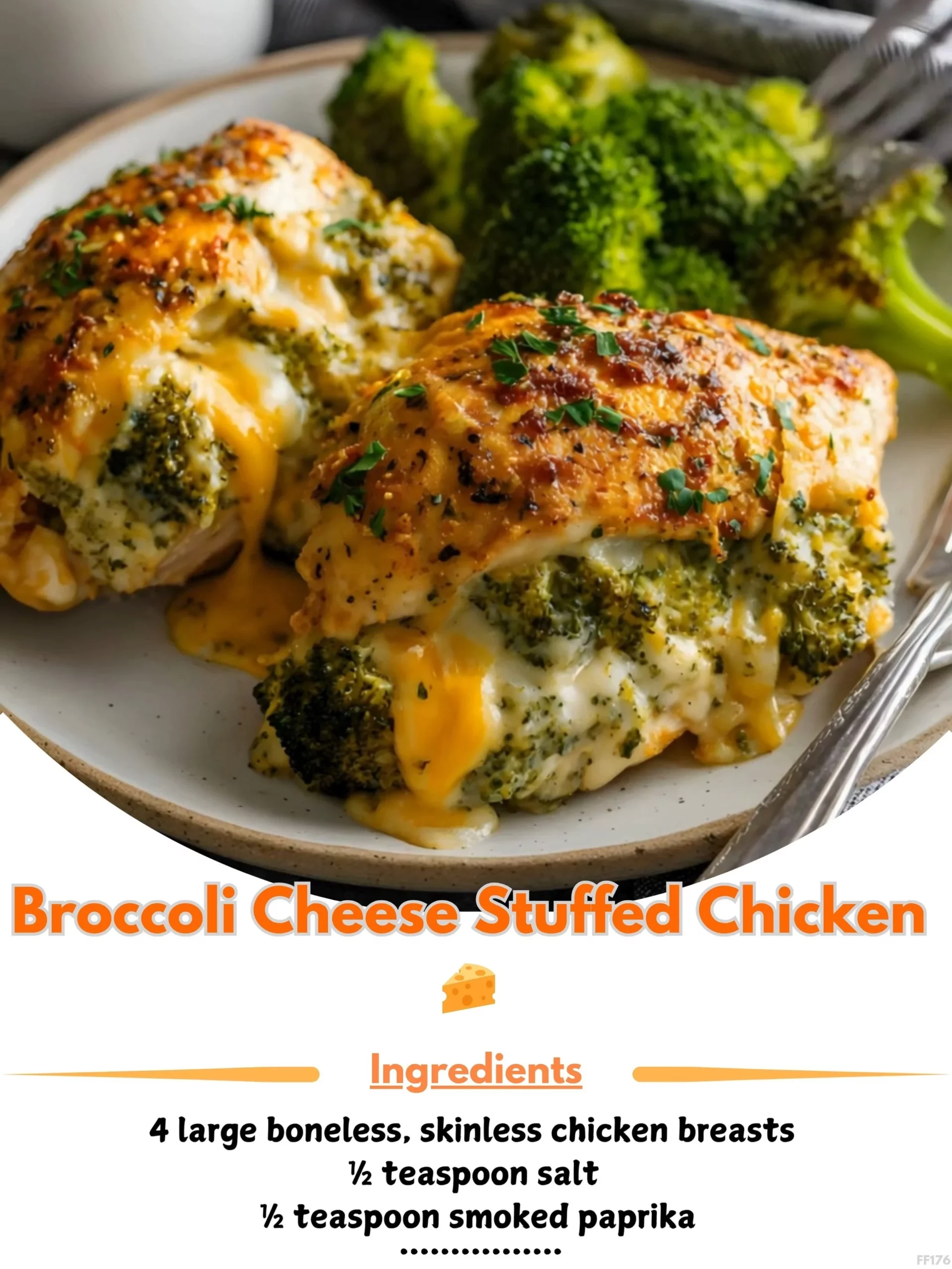 Delicious broccoli cheese stuffed chicken plated with herbs and sauce
