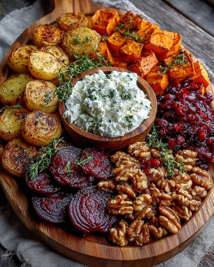 Roasted Beet and Sweet Potato Christmas Board with Whipped Feta and Cranberries