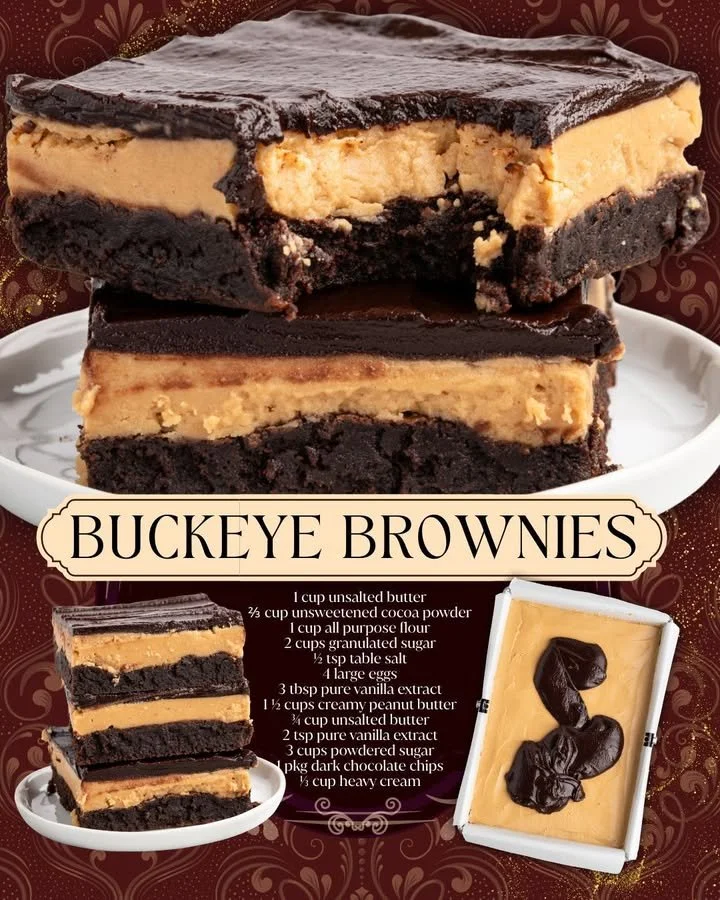 Plate of delicious homemade Buckeye Brownies topped with creamy peanut butter.